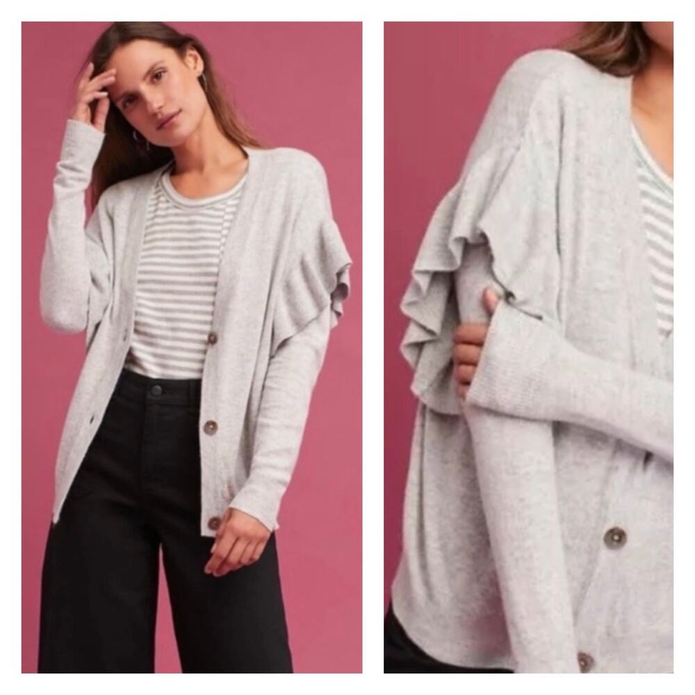 Revolve Line & Dot Eulalia Gray Ruffle Sleeve Cardigan Sweater Small Boho